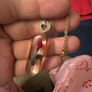 Gold Heart Necklace with Red Rose Pendant